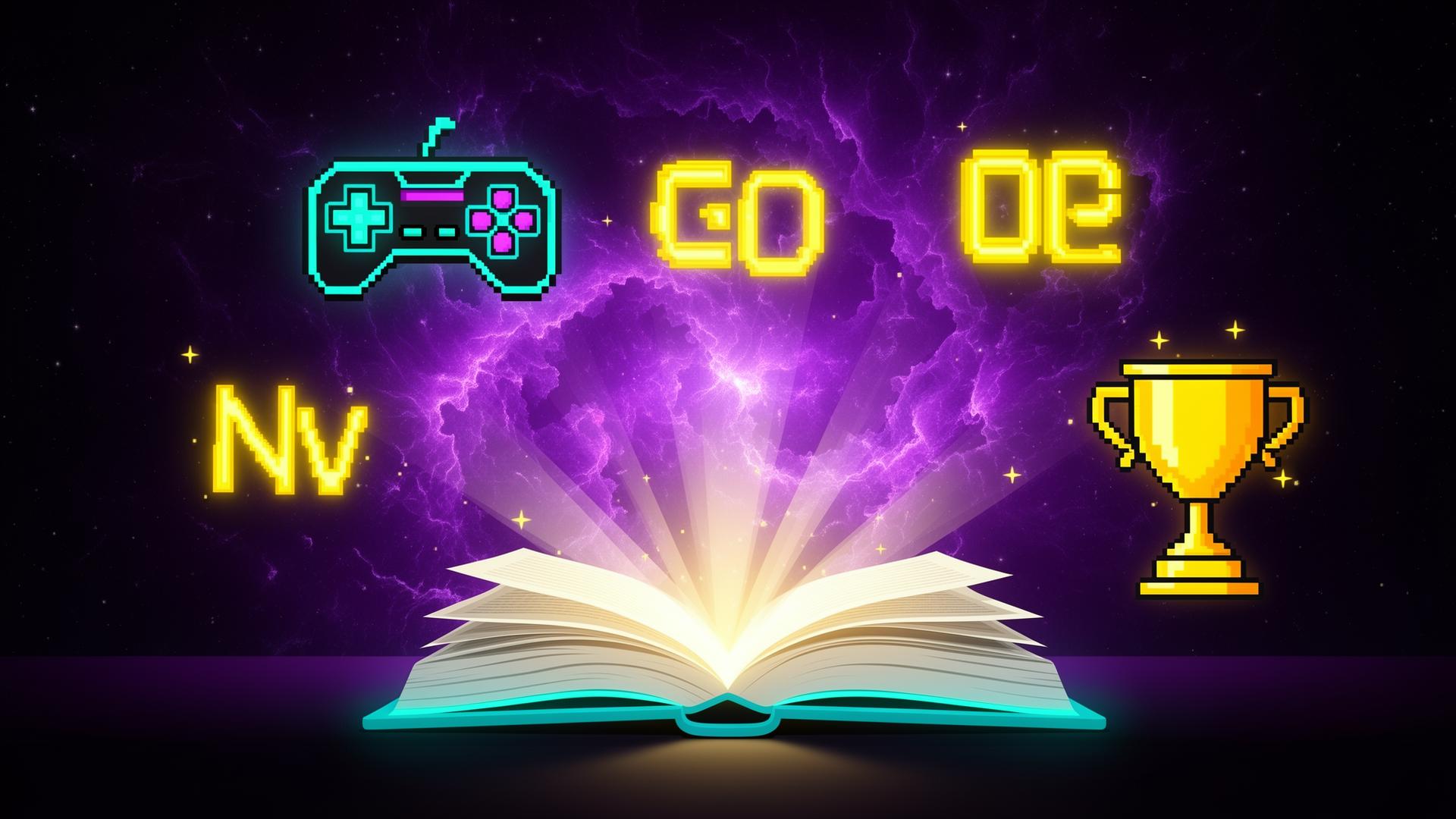 Ilustração épica do curso com livro mágico, controle e troféu